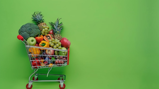 a shopping cart with a bunch of fruits and vegetables on it