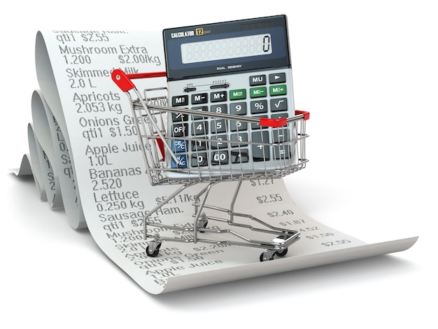 Shopping cart with calculator on reciept. 3d