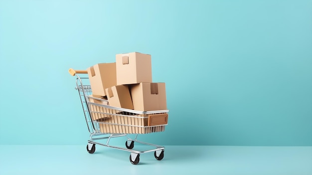 shopping cart with cardboard boxes in blue background