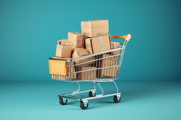 Корзина для покупок с картонными коробками Тележка для супермаркетов синий фон AI