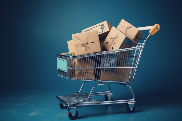 Shopping cart with cardboard boxes Supermarket cart blue background AI