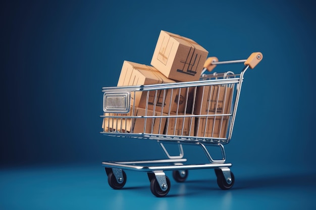 Shopping cart with cardboard boxes Supermarket cart blue background AI