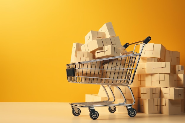 Shopping cart with cardboard boxes on yellow background online shopping concept