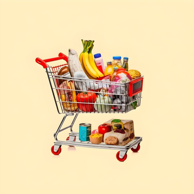 A shopping cart with a cart full of food and a jar of vegetables