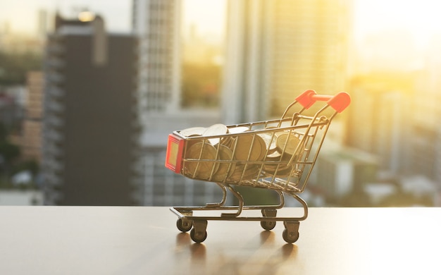 Shopping cart with coins on the table with blur building sunset background