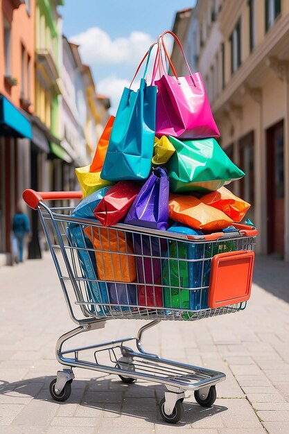 A shopping cart with a colorful bag in it