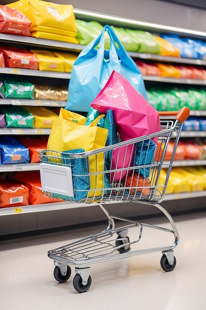 A shopping cart with a colorful bag in it