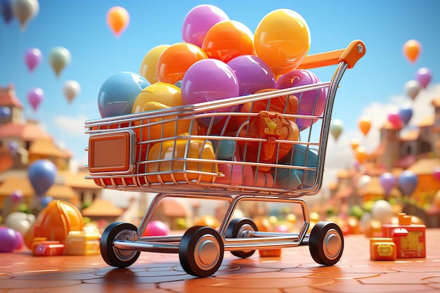 Shopping cart with colorful balloons 3D render style AI Generated