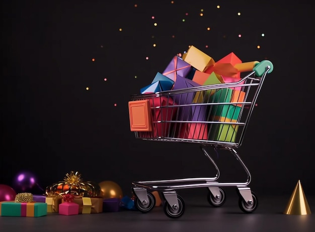 Корзина с красочными подарочными коробками и рождественскими украшениями на черном фоне
