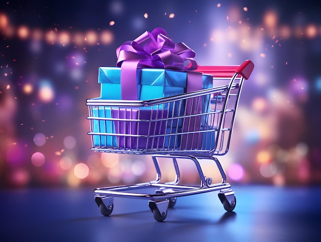 Shopping cart with colorful gift boxes cyber monday sale concept background with copy space