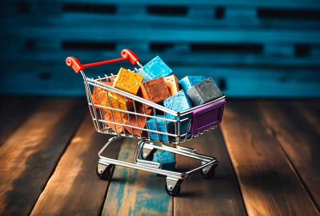 Shopping cart with colorful shopping bags floating above blue wooden background