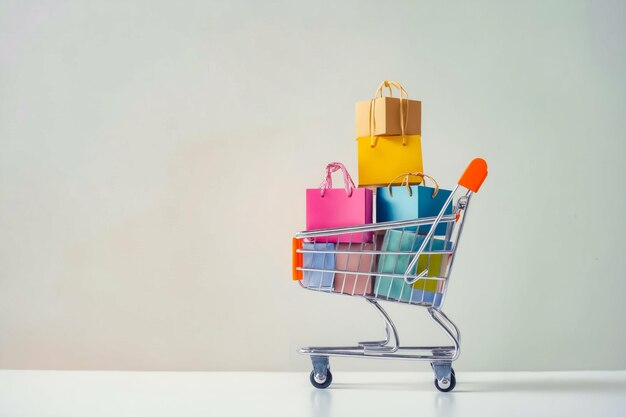 Shopping cart with colorful shopping bags