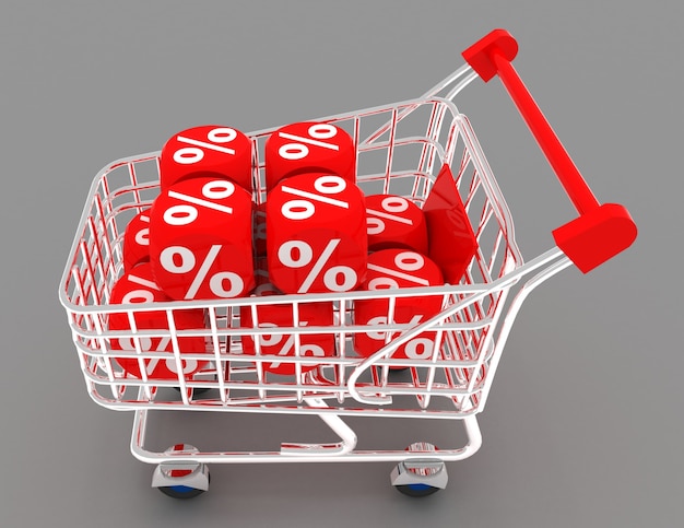 Shopping cart with cubes of percent . 3d illustration