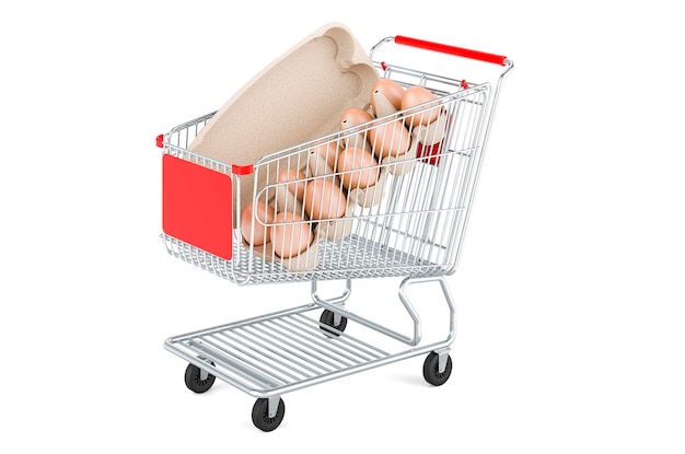 Shopping cart with eggs in an egg carton 3D rendering