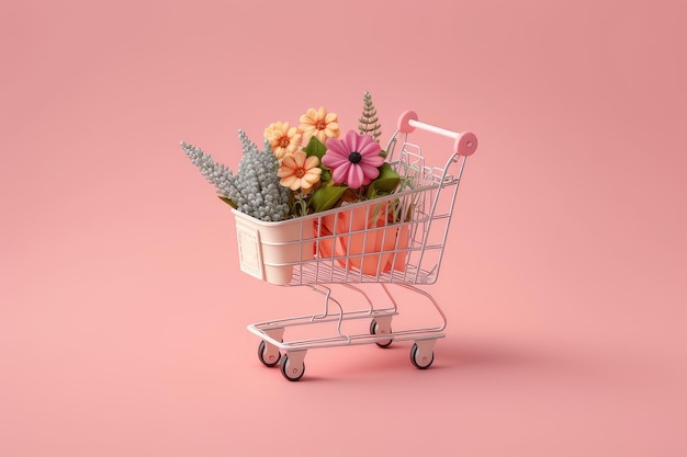 A shopping cart with flowers on it