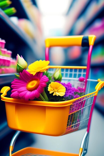 Shopping cart with flowers protective medical mask and rubber gloves shopping concept copy space