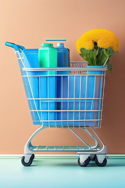 Shopping cart with flowers protective medical mask and rubber gloves Shopping concept Copy space