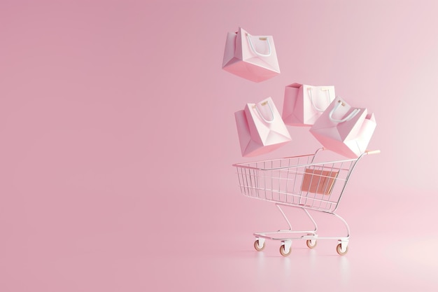 Фото Коляска с летающими сумками продажа концепции black friday сезон покупки скидки коляска полная различных сумки на розовом фоне маркетинг продвижения