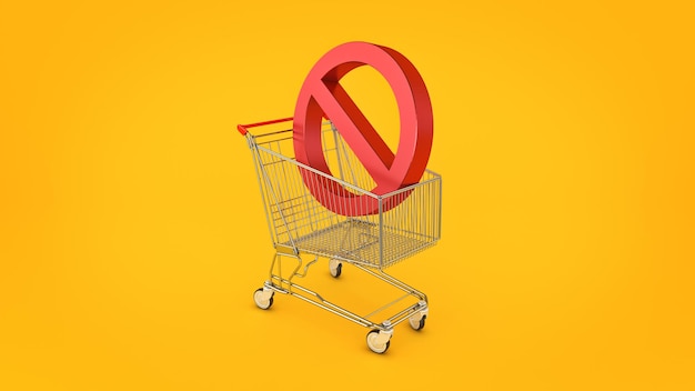 Shopping cart with forbidden prohibition sign 3d rendering