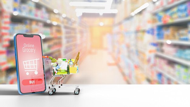 Photo shopping cart with fresh food grocery supermarket food and eats online buying and delivery concept 3d illustration