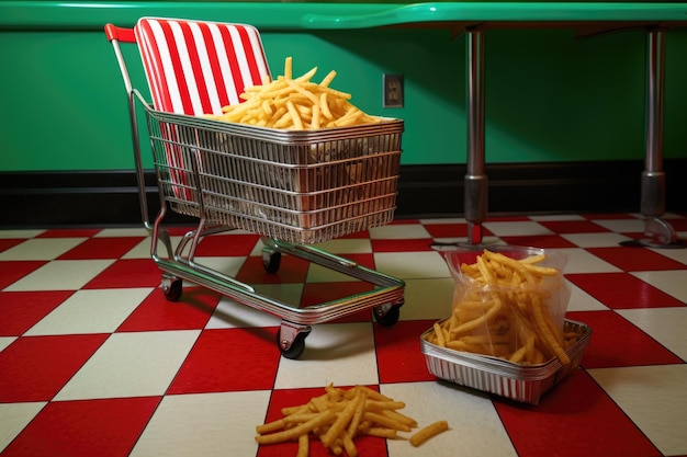 Photo shopping cart with fries on a checkerboard floor evoking a diner setting