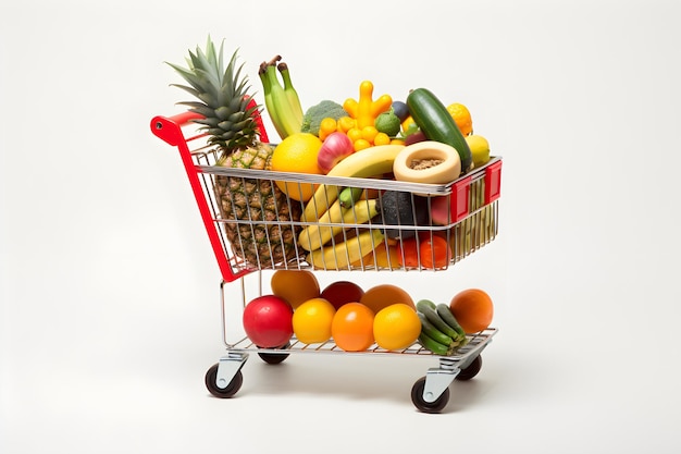 Photo shopping cart with fruits isolated on white background