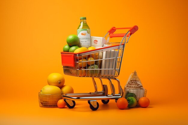 Shopping cart with fruits and vegetables at the market