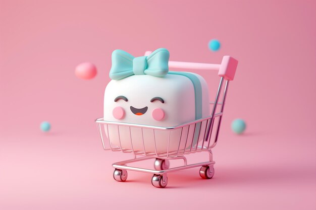 Shopping cart with gift box as a cartoon character Shopping basket with a smiling gift on pastel background Sale Black Friday shopping season purchase discounts shopaholic Promotion marketing