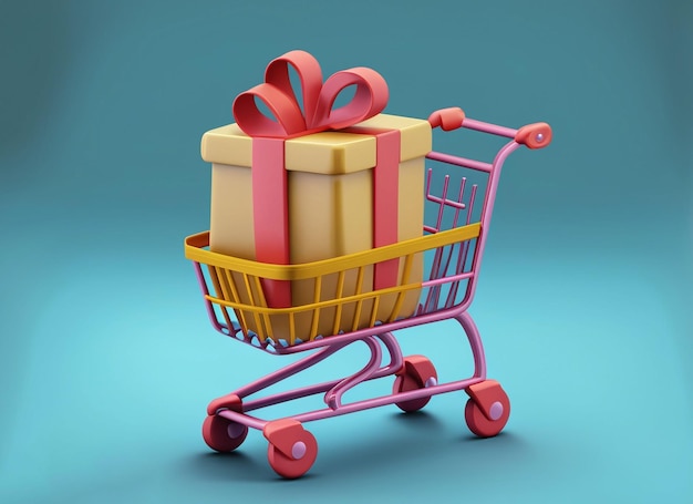 Shopping cart with gift box background