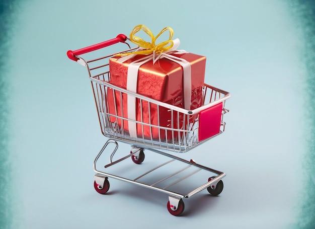 Shopping cart with gift box background