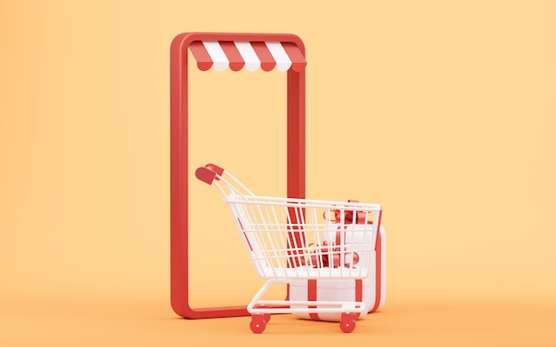 Shopping cart with gift boxes 3d rendering