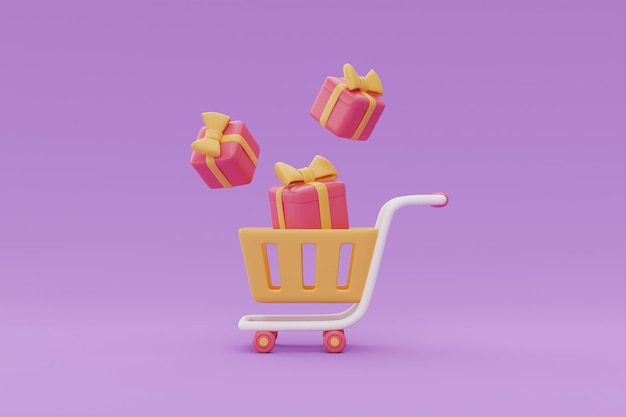 Shopping cart with gift boxes Flash sale promotions concept on purple background 3d rendering