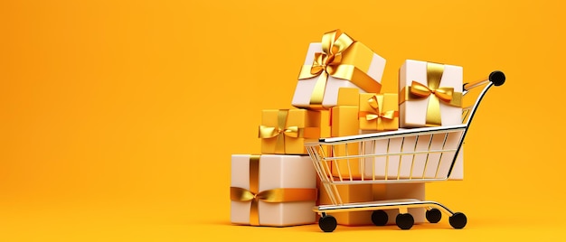 Shopping cart with gift boxes isolated on yellow background