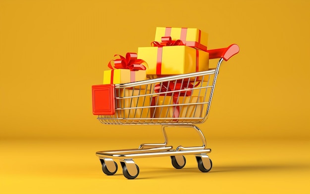 Shopping Cart with Gift Boxes Isolated on Yellow Background