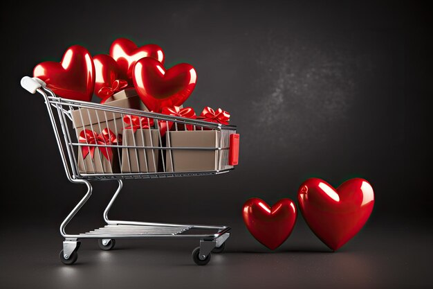 A shopping cart with gift boxes and red hearts has a pink backdrop with text space a festive setti