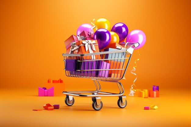 Shopping cart with gifts for black friday cyber monday discount season sales on colorful background