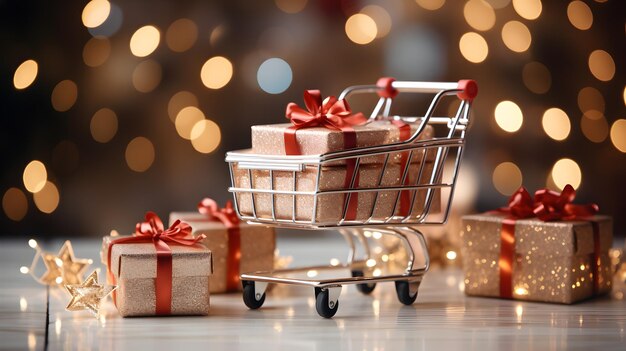 Shopping Cart with Glossy Gift Boxes New Year Holiday Sale Concept Background with copy space