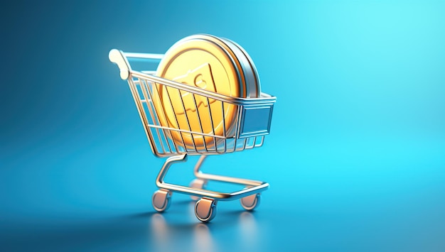Shopping cart with golden coin on blue background ECommerce