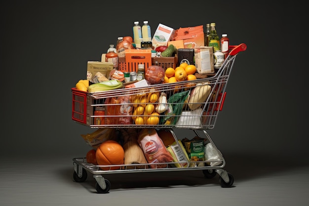 Shopping cart with groceries on a dark background Place for text