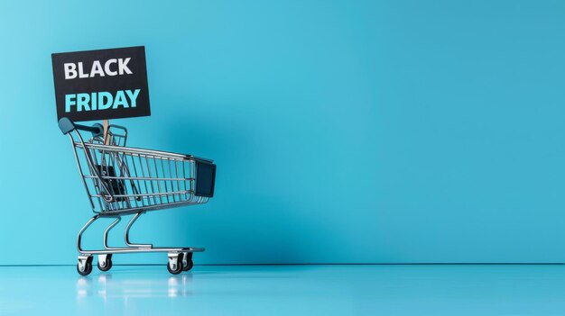 Photo a shopping cart with large banner black friday on blue background