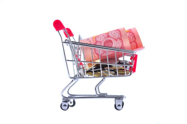 Shopping Cart with money isolated on white background