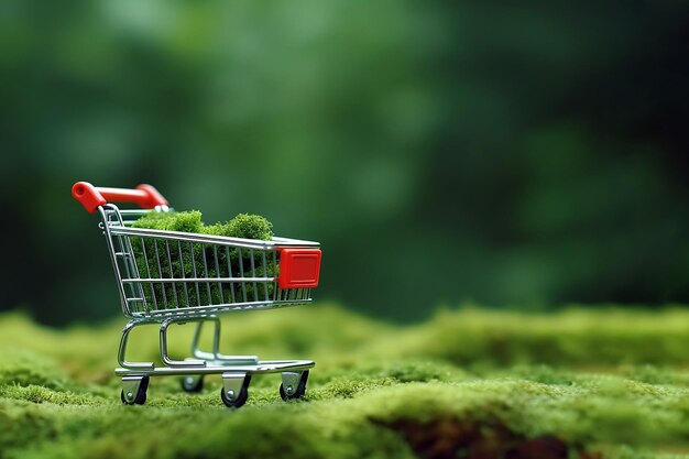 Shopping cart with moss on nature background Green Friday sale Earth Day Environment and Eco concept healthy lifestyle zero waste sustainable lifestyle conscious consumption eco market trolley