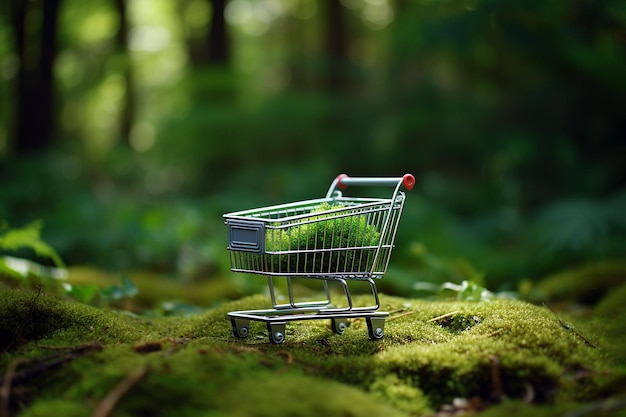 Shopping cart with moss on nature background Green Friday sale Earth Day Environment and Eco concept healthy lifestyle zero waste sustainable lifestyle conscious consumption eco market trolley