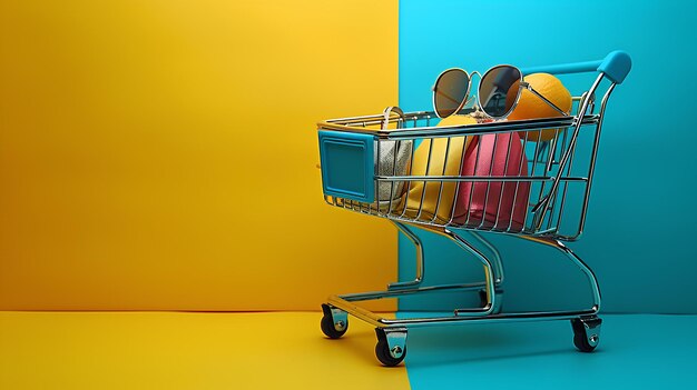 Photo a shopping cart with a pair of flip flops in it and a pair of sunglasses in the front product