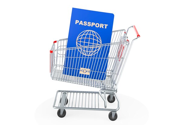 여권 3D 렌더링이 포함된 쇼핑 카트