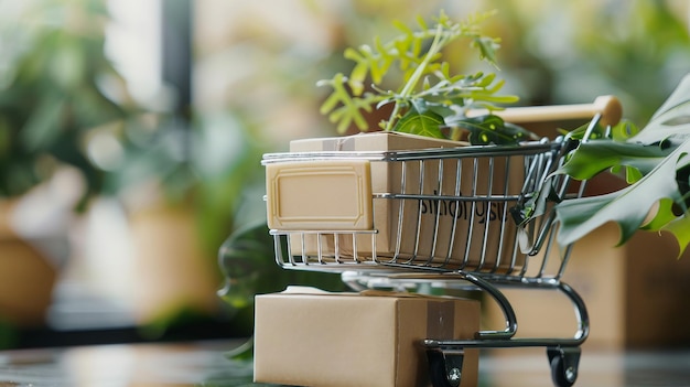 A shopping cart with plants and boxs