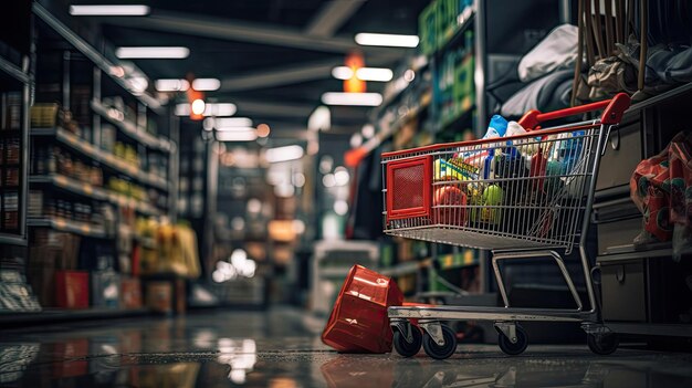 a shopping cart with a red bag on it