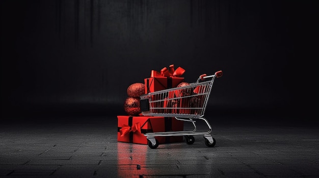 a shopping cart with a red gift box on it