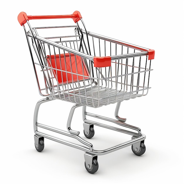 a shopping cart with red handles and a red plastic seat