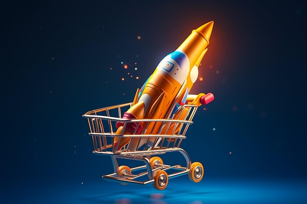 A shopping cart with a rocket in it and a red ball on the top